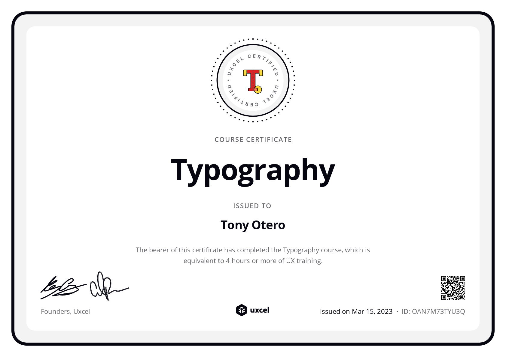 Tony Otero's certificate